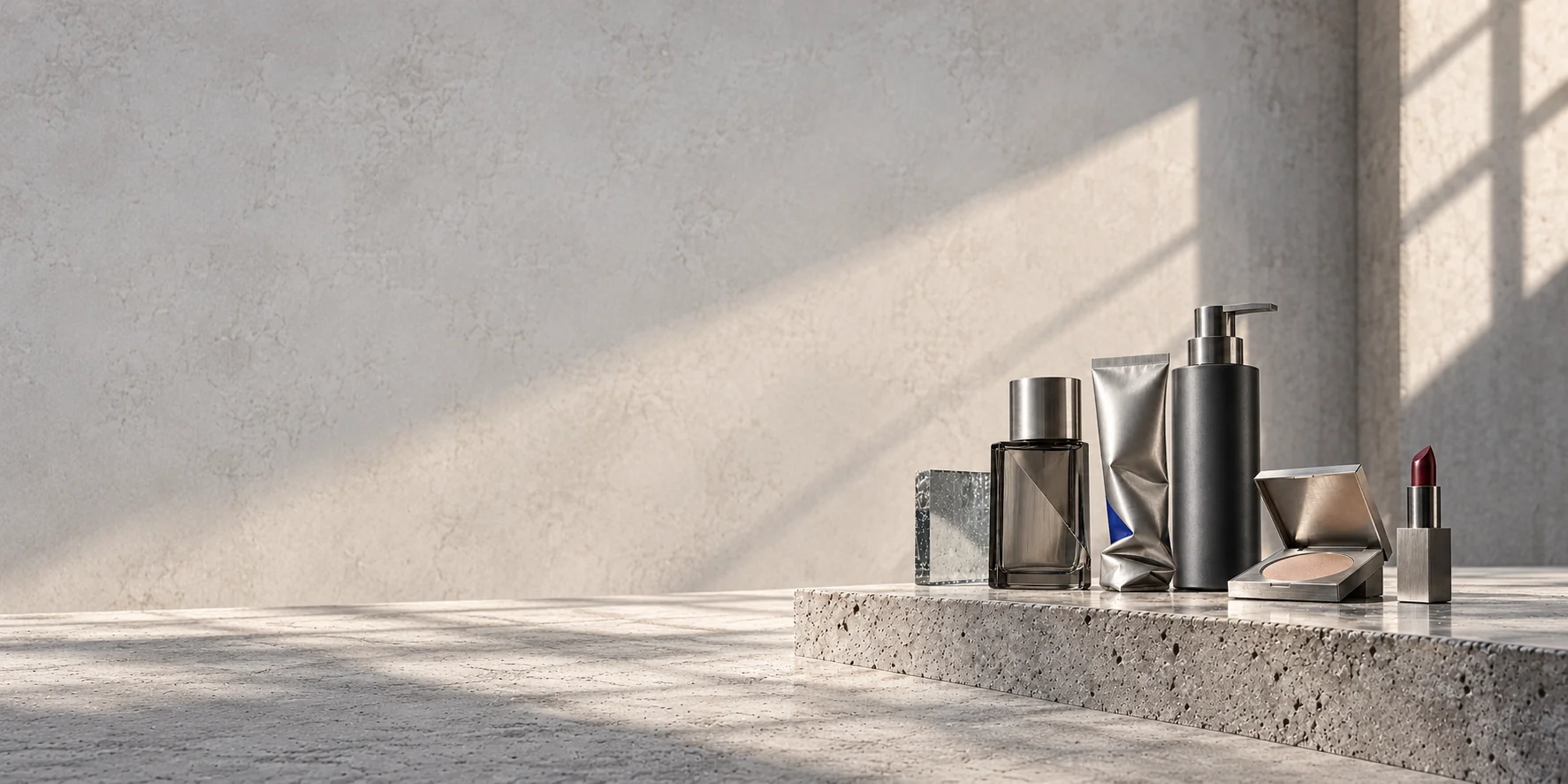 Prodotti beauty dal design contemporaneo, in metallo e vetro fumé, su cemento grezzo.